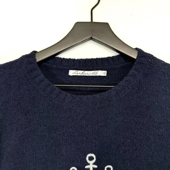 LULU B Sweater Womens Medium Blue White Nautical Anchor Coastal Pullover Beachy - Picture 6 of 8